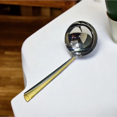 Picture of Durable 12 Inch Stainless Steel Big Rice Spoon - Mirror Polish, Non-Magnetic, Silver with Golden Design, Perfect for Cooking and Serving, Ideal for Home and Professional Kitchens, Single Piece-Silver