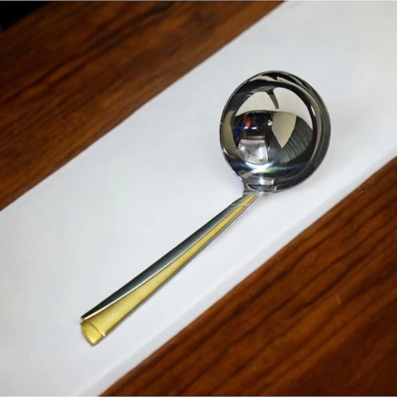 Picture of Durable 12 Inch Stainless Steel Big Rice Spoon - Mirror Polish, Non-Magnetic, Silver with Golden Design, Perfect for Cooking and Serving, Ideal for Home and Professional Kitchens, Single Piece-Silver