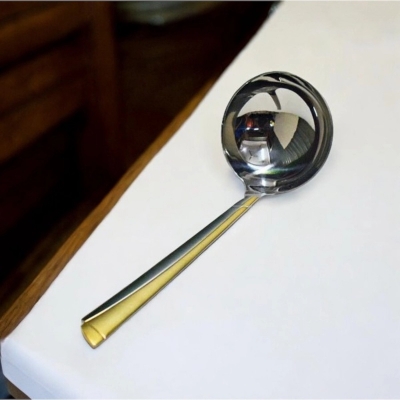 Picture of Durable 12 Inch Stainless Steel Big Rice Spoon - Mirror Polish, Non-Magnetic, Silver with Golden Design, Perfect for Cooking and Serving, Ideal for Home and Professional Kitchens, Single Piece-Silver