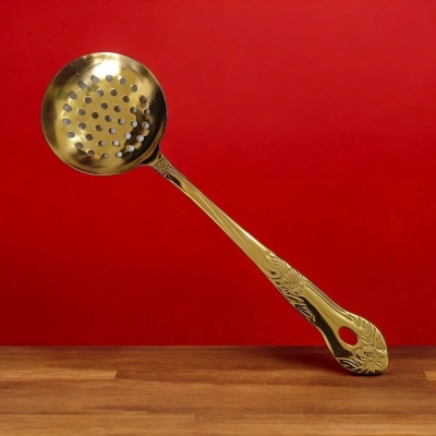 Picture of 10 Inch Round Slotted Kitchen Spoon, Stylish Golden Stainless Steel - Mirror Polish Finish, Durable Design for Versatile Use-Gold