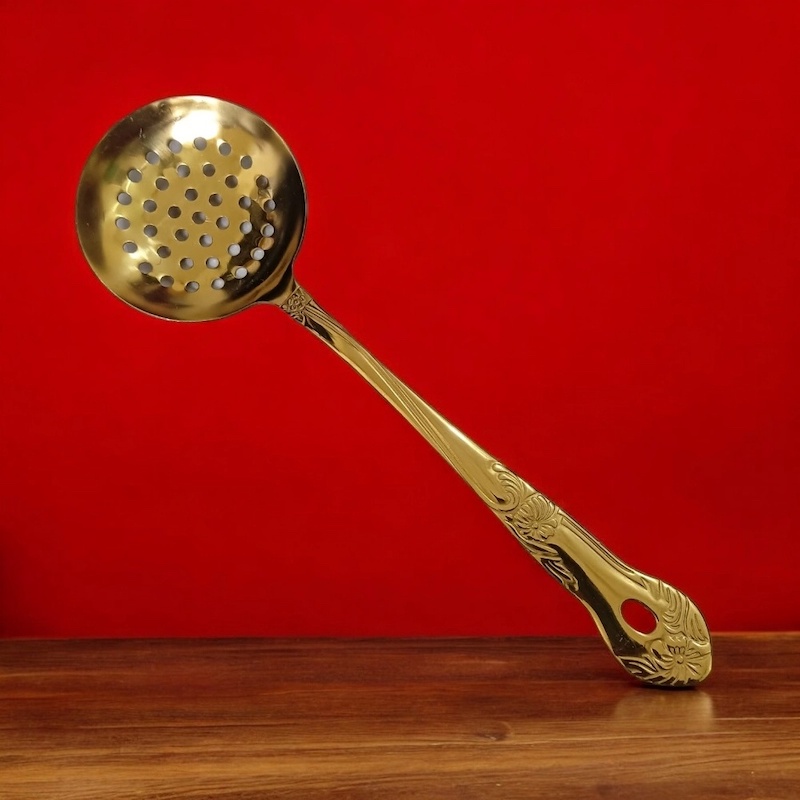 Picture of 10 Inch Round Slotted Kitchen Spoon, Stylish Golden Stainless Steel - Mirror Polish Finish, Durable Design for Versatile Use-Gold