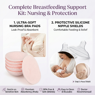 Picture of Maternity Care Set: Leak-Proof Absorbent Nursing Pads & BPA-Free Reusable Nipple Shield for Sensitive Skin | 2-in-1 Ultra-Soft Nursing Pads & Protective Silicone Nipple Shields (2+2) PCS set