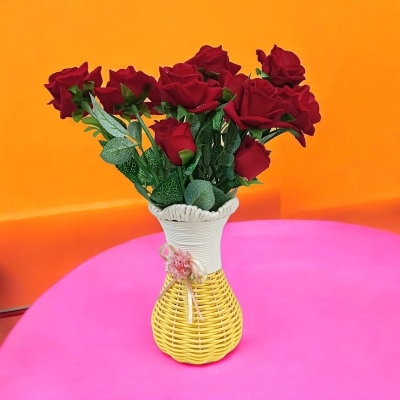 Picture of Fantastic Flowers Multicolor Velvet Roses in Guldasta Pot - 14-15 Real Looking Heads, Plastic & Fabric, Includes Vase & 3 Sticks - Home & Restaurant Decoration-Multicolor