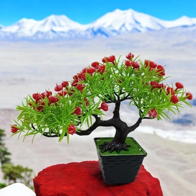 Picture of 17*33cm Decorative Bonsai Plant - Green Plastic with Colorful Mini Flowers for Home and Office-Multicolor