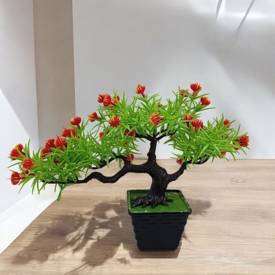 Picture of Decorative 17*33cm Artificial Bonsai Plant - Green Plastic with Mini Flowers for Office and Home-Multicolor