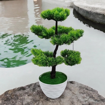 Picture of Green Potted Artificial Pine Bonsai - 43*24cm, 7-Head - Ideal for Home & Office Decoration-Multicolor