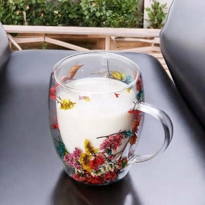 Picture of 300ml Glitter Flower Mug - Borosilicate Glass, Double Wall, Heat Resistant, Lightweight, Fireproof. Ideal for Coffee, Milk, Juice with Sea Snail, Conch Fillings. Gift (1pc).-Clear