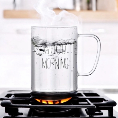 Picture of Borosilicate Glass Breakfast Cup - 450ml, Clear, Heat Resistant, Fireproof, Lightweight. Good Morning Printed. Perfect for Coffee, Tea, Milk, Juice, Yogurt. Eco-Friendly. Ideal for Hot & Cool Drinks. Gift. 1pc.-Clear