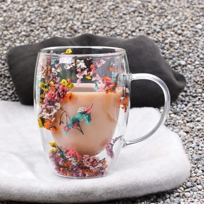 Picture of Double Wall Glitter Flower Mug - 300ml Borosilicate Glass, Heat Resistant, Fireproof, Lightweight. Perfect for Coffee, Milk, Juice. Creative Sea Snail and Conch Fillings. Gift Idea (1pc).-Clear