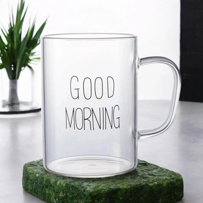 Picture of Clear Borosilicate Glass Breakfast Mug - 450ml, Heat Resistant, Fireproof, Lightweight. Good Morning Printed. Ideal for Coffee, Tea, Milk, Juice, Yogurt. Perfect for Hot & Cool Drinks. Gift. 1pc.-Clear