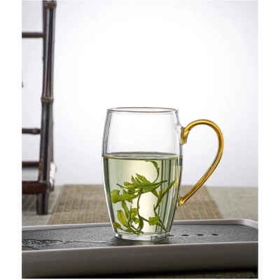 Picture of 1pc Clear Borosilicate Glass Tea Cup - 330ml, Heat Resistant, Fireproof, Lightweight, Golden Handle-Clear