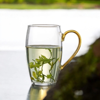 Picture of High Temperature Resistant Tea Cup - 330ml, Clear Borosilicate Glass, Heat Resistant, Fireproof, Lightweight, Golden Handle (1pc)-Clear