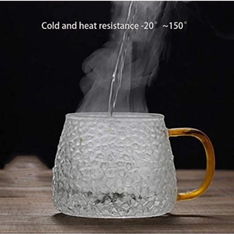 Picture of 1pc Borosilicate Glass Cup - 440ml, Fashion Texture, Heat Resistant, Lightweight, Fireproof for Oven Use. Perfect for Tea, Coffee, and Juice with a Colorful Handle.-Clear