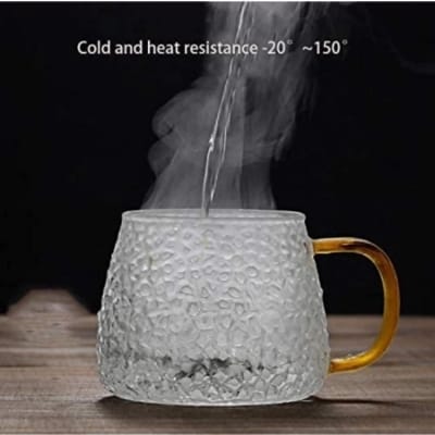 Picture of 1pc Borosilicate Glass Cup - 440ml, Fashion Texture, Heat Resistant, Lightweight, Fireproof for Oven Use. Perfect for Tea, Coffee, and Juice with a Colorful Handle.-Clear