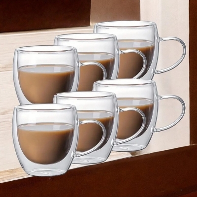 Picture of Double Wall Borosilicate Glass Mugs - Set of 6, 250ml Clear, Lightweight, Heat Resistant, Perfect for Hot & Cold Beverages with Closed Handle.-Clear