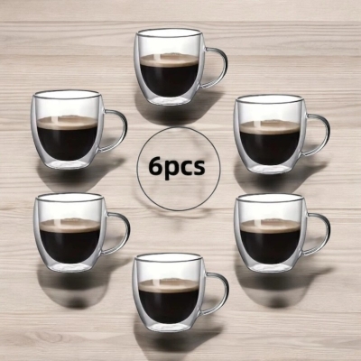 Picture of 6 Double Bottom Wall Glass Mugs - 250ml Borosilicate, Clear, Heat Resistant, Lightweight, Perfect for Coffee and Tea Lovers with Insulated Design.-Clear