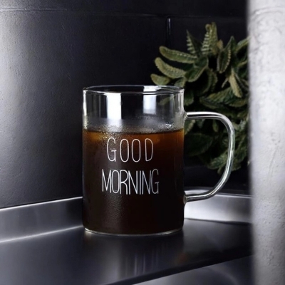 Picture of Clear Borosilicate Breakfast Mug - 450ml, Heat Resistant, Fireproof, Lightweight. Good Morning Printed. Ideal for Coffee, Tea, Milk, Juice, Yogurt. Perfect for Hot & Cool Drinks. Gift for Parties. 1pc.-Clear