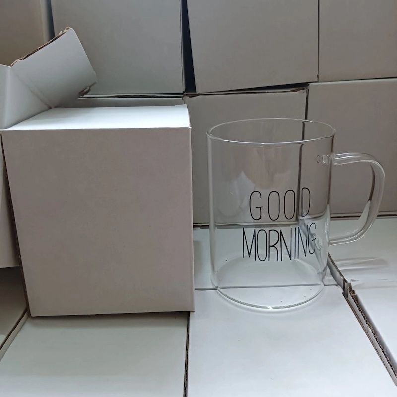 Picture of Clear Borosilicate Breakfast Mug - 450ml, Heat Resistant, Fireproof, Lightweight. Good Morning Printed. Ideal for Coffee, Tea, Milk, Juice, Yogurt. Perfect for Hot & Cool Drinks. Gift for Parties. 1pc.-Clear