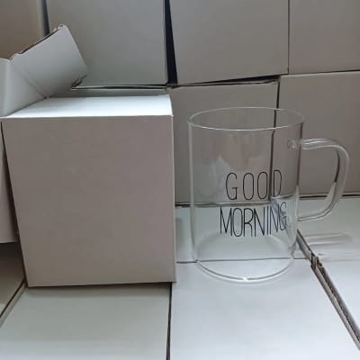 Picture of Borosilicate Clear Breakfast Cup - 450ml, Heat Resistant, Fireproof, Lightweight. Good Morning Printed. Perfect for Coffee, Tea, Milk, Juice, Yogurt. Eco-Friendly. Ideal for Hot & Cool Drinks. Gift for Parties. 1pc.-Clear