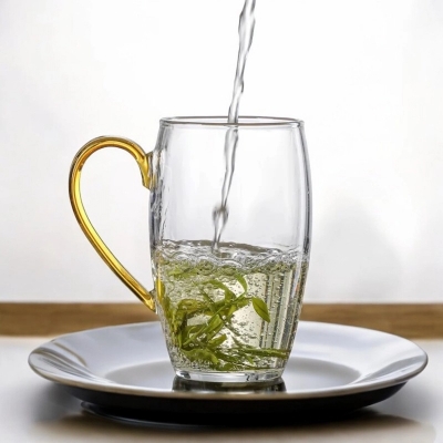 Picture of 330ml Clear Borosilicate Glass Tea Cup - Heat Resistant, Fireproof, Lightweight with Golden Handle (1pc)-Clear
