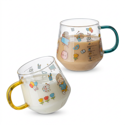 Picture of 400ml Set of 2 Borosilicate Glass Cartoon Cups - Lightweight, Microwave Safe, Heat Resistant, Fireproof for Oven Use, Great for Hot & Cold Drinks. Stylish Handles for Milk and Coffee.-Clear