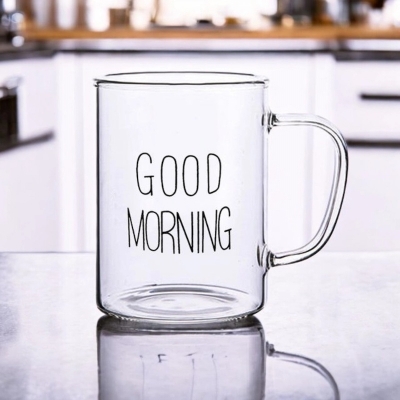 Picture of Good Morning Borosilicate Mug - 450ml, Clear, Heat Resistant, Fireproof, Lightweight. Ideal for Coffee, Tea, Milk, Juice, Yogurt. Perfect for Hot & Cool Drinks. Creative Gift for Parties. 1pc.-Clear