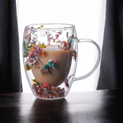 Picture of 300ml Borosilicate Glitter Flower Mug - Double Wall, Heat Resistant, Lightweight, Fireproof. Perfect for Coffee, Milk, Juice with Sea Snail and Conch Fillings. Creative Gift Idea (1pc).-Clear