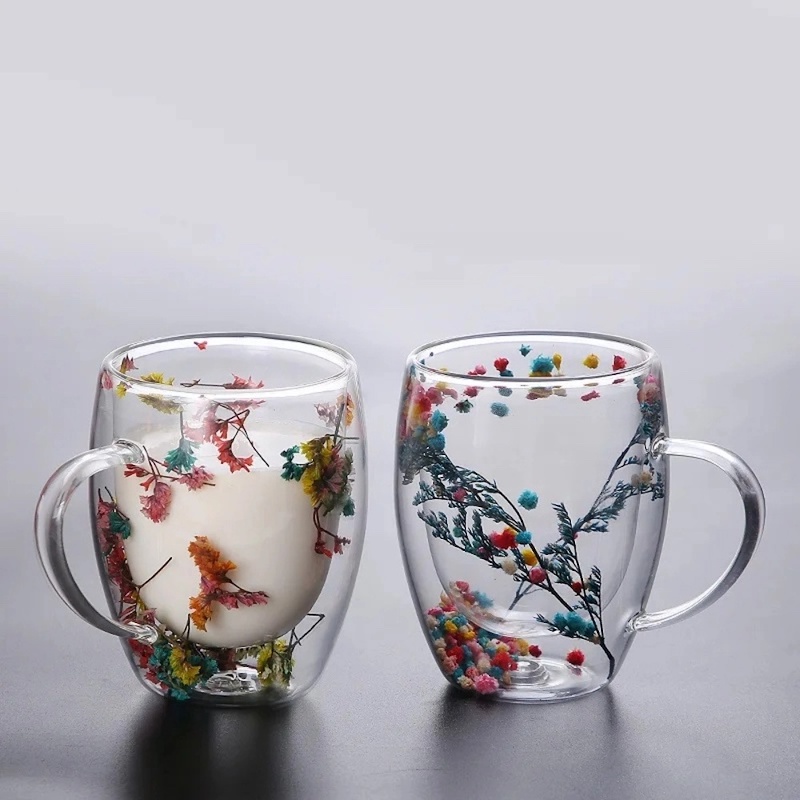 Picture of 300ml Borosilicate Glitter Flower Mug - Double Wall, Heat Resistant, Lightweight, Fireproof. Perfect for Coffee, Milk, Juice with Sea Snail and Conch Fillings. Creative Gift Idea (1pc).-Clear