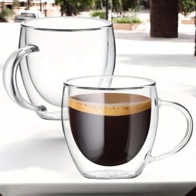 Picture of 2pcs Double Layer Insulated Mugs - 250ml Borosilicate Glass, Clear, Heat Resistant, Lightweight, Perfect for Coffee, Tea, and More with Closed Handle.-Clear