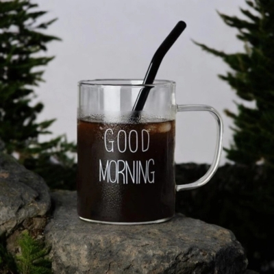 Picture of Borosilicate Glass Good Morning Mug - 450ml, Clear, Heat Resistant, Fireproof, Lightweight. Perfect for Coffee, Tea, Milk, Juice, Yogurt. Eco-Friendly. Ideal for Hot & Cool Drinks. Creative Gift. 1pc.-Clear