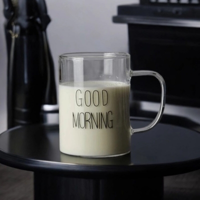 Picture of Clear Borosilicate Glass Cup - 450ml, Heat Resistant, Fireproof, Lightweight. Good Morning Printed. Ideal for Coffee, Tea, Milk, Juice, Yogurt. Eco-Friendly. Perfect for Hot & Cool Drinks. Party Gift. 1pc.-Clear