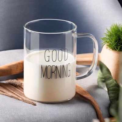 Picture of Borosilicate Glass Mug - 450ml, Clear, Heat Resistant, Fireproof, Lightweight. Good Morning Printed. Perfect for Coffee, Tea, Milk, Juice, Yogurt. Eco-Friendly. Ideal for Hot & Cool Drinks. Gift. 1pc.-Clear