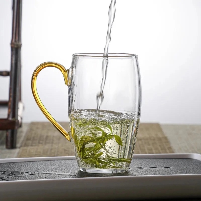 Picture of 1pc 330ml Clear Borosilicate Glass Tea Cup - Heat Resistant, Fireproof, Lightweight, Golden Handle-Clear