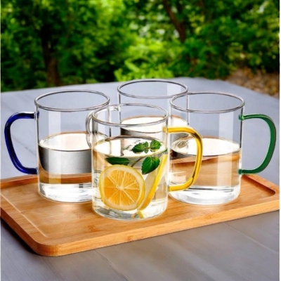 Picture of GPB19L4 Clear Borosilicate Glass Mugs with Color Handles - 450ml (15.2oz), Heat Resistant, Lightweight, Fireproof for Oven Use, Ideal for Tea & Beverages (4pcs Set)-Clear