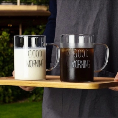 Picture of Set of 2 Good Morning Milk & Breakfast Mugs - 450ml Borosilicate Glass, Heat Resistant, Lightweight, Fireproof (Lid Not Included)-Clear