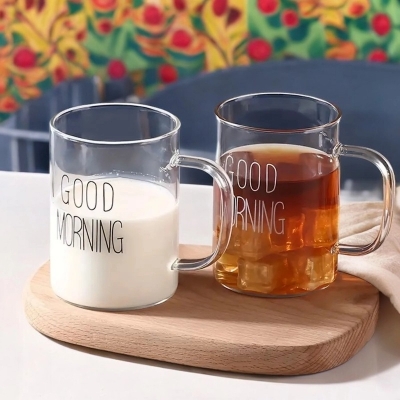 Picture of Good Morning Printed Breakfast Cups - 2pcs 450ml Borosilicate Glass, Clear, Heat Resistant, Fireproof, Ideal for All Beverages (Lid Not Included)-Clear
