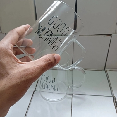 Picture of Good Morning Printed Breakfast Cups - 2pcs 450ml Borosilicate Glass, Clear, Heat Resistant, Fireproof, Ideal for All Beverages (Lid Not Included)-Clear