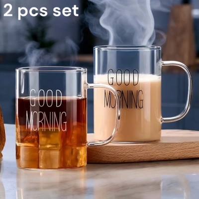 Picture of 2pcs Good Morning Breakfast Mugs - 450ml Borosilicate Glass, Clear, Fireproof, Heat Resistant, Ideal for Hot & Cool Drinks (Lid Not Included)-Clear