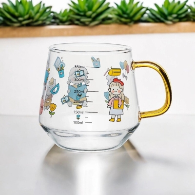 Picture of 400ml Cartoon Printed Borosilicate Glass Cup - Lightweight, Microwave Safe, Heat Resistant, Fireproof for Oven Use, Ideal for Hot & Cool Drinks. Stylish Handle for Coffee and Milk (1pc).-Clear