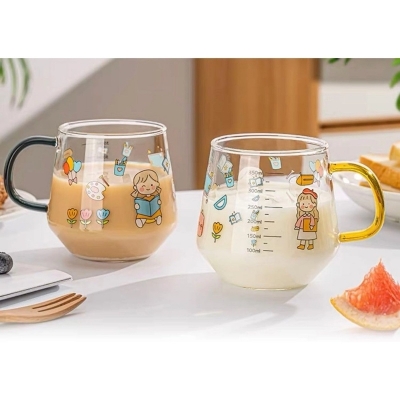 Picture of 400ml Cartoon Printed Borosilicate Glass Cup - Lightweight, Microwave Safe, Heat Resistant, Fireproof for Oven Use, Ideal for Hot & Cool Drinks. Stylish Handle for Coffee and Milk (1pc).-Clear