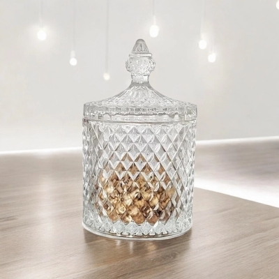 Picture of  Small Size Crystal Candy Dish with Lid, Clear Soda Lime Glass for Candy, Spice, and Food Storage, Elegant Weave Design, Transparent for Quick Access, Includes Glass Lid, Perfect for Organizing Sweets, 1 Piece Mini -Clear