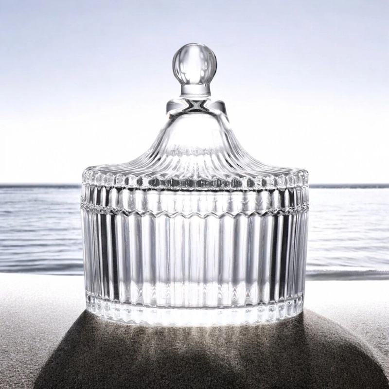Picture of Amber Striped Glass Storage Jar with Lid - Ideal for Candy, Snacks, Cosmetics, Jewelry, and Candle Storage-Clear