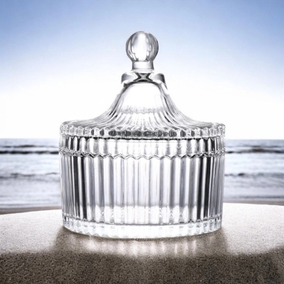 Picture of Amber Striped Glass Storage Jar with Lid - Ideal for Candy, Snacks, Cosmetics, Jewelry, and Candle Storage-Clear