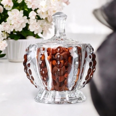 Picture of  Small Clear Decor Crystal Jar with Lid, Soda Lime Glass Candy Sweet Jar, Perfect for Embossing Food Storage, Spice, and Candy, Transparent Design, Includes Glass Lid, Great for Parties, Weddings, and Christmas, 1 Piece -Clear