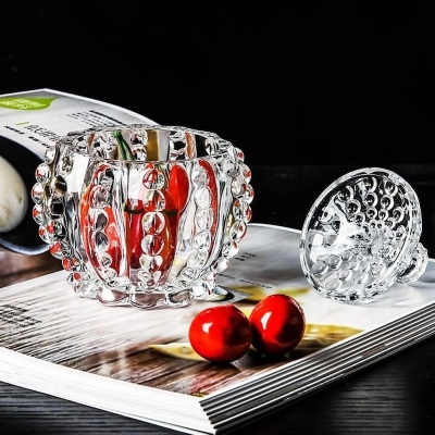 Picture of  Small Clear Decor Crystal Jar with Lid, Soda Lime Glass Candy Sweet Jar, Perfect for Embossing Food Storage, Spice, and Candy, Transparent Design, Includes Glass Lid, Great for Parties, Weddings, and Christmas, 1 Piece -Clear