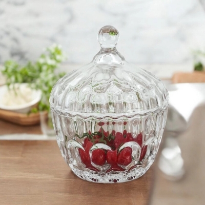 Picture of  Home and Office Desk Candy Bowl, 300 ML Soda Lime Glass Dish with Lid, Decorative Transparent Design, Ideal for Embossing Food Storage, Spices, and Candy, 1 Piece -Clear