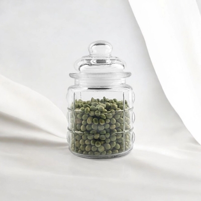 Picture of  300ml Small Glass Food Storage Jar, Embossed for Dried Fruit and Nuts, Soda Lime Glass with Airtight Stopper, Transparent, Glass Lid Included, Perfect for Storing Candy, Sugar, and Spices, 1 Piece, Same as Picture -Clear