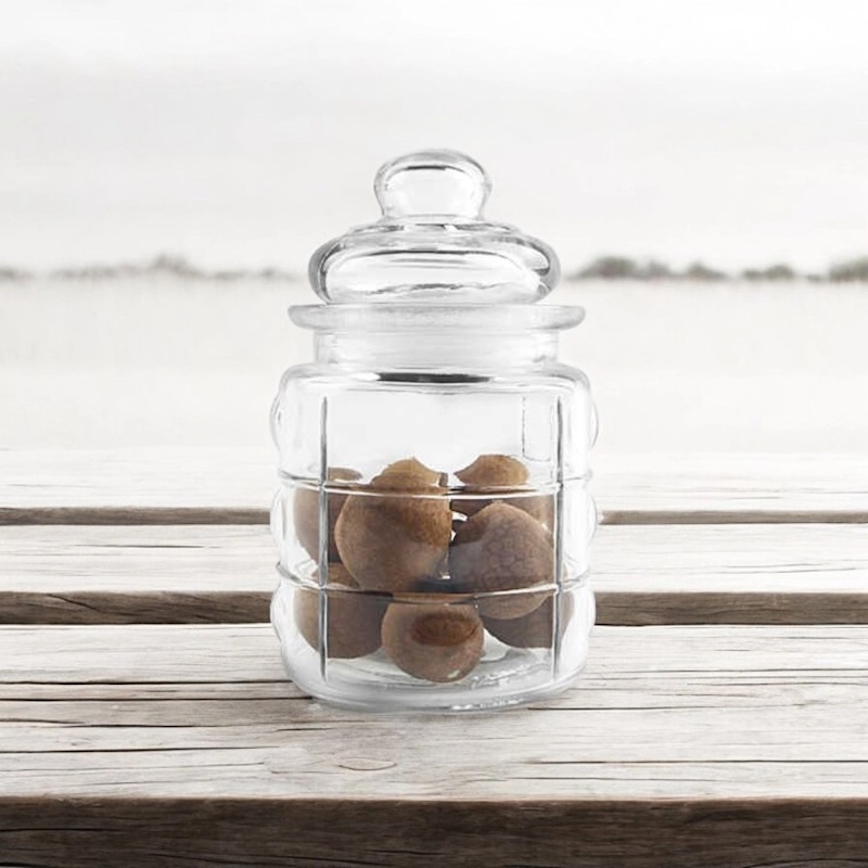Picture of  300ml Small Glass Food Storage Jar, Embossed for Dried Fruit and Nuts, Soda Lime Glass with Airtight Stopper, Transparent, Glass Lid Included, Perfect for Storing Candy, Sugar, and Spices, 1 Piece, Same as Picture -Clear
