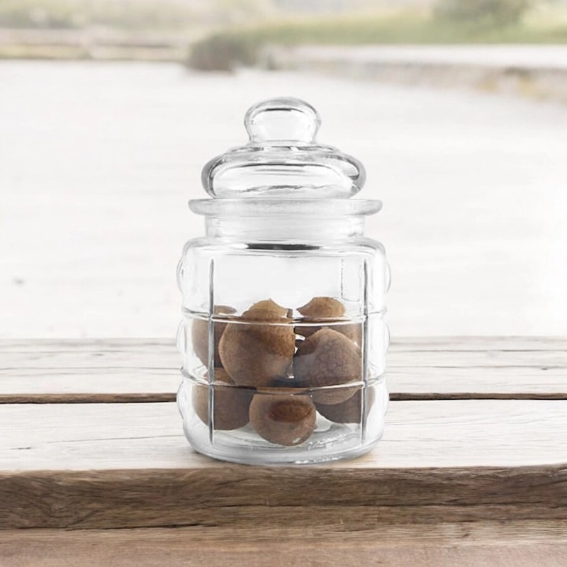 Picture of  300ml Small Glass Food Storage Jar, Embossed for Dried Fruit and Nuts, Soda Lime Glass with Airtight Stopper, Transparent, Glass Lid Included, Perfect for Storing Candy, Sugar, and Spices, 1 Piece, Same as Picture -Clear