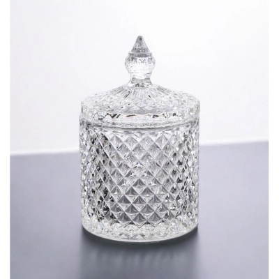 Picture of  Clear Crystal Candy Box with Lid, Small Size Soda Lime Glass for Candy, Spice, and Food Storage, Elegant Weave Design, Transparent for Easy Viewing, Includes Glass Lid, Perfect for Organizing Sweets, 1 Piece Midium size -Clear